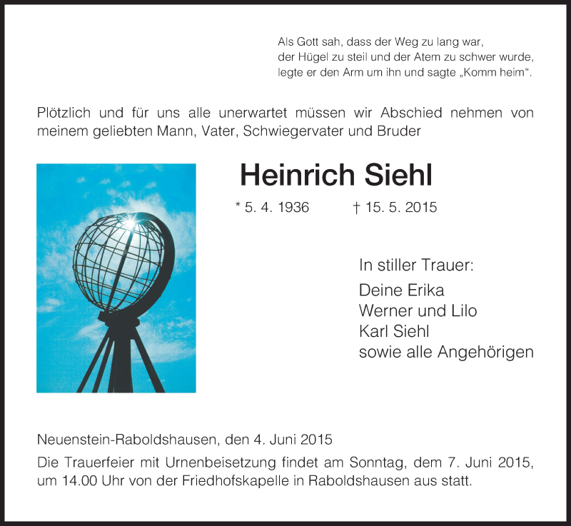  Traueranzeige für Heinrich Siehl vom 04.06.2015 aus Hersfeld