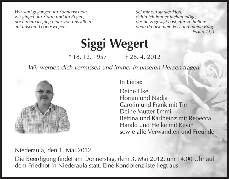  Traueranzeige für Siggi Wegert vom 01.05.2012 aus HERSFELDER ZEITUNG