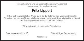 Traueranzeige von Fritz Lippert von HERSFELDER ZEITUNG