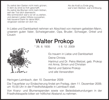 Traueranzeige von Walter Prokop von HERSFELDER ZEITUNG