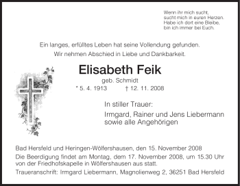 Traueranzeige von Elisabeth Feik von HERSFELDER ZEITUNG