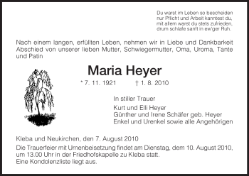 Traueranzeige von Maria Heyer von HERSFELDER ZEITUNG