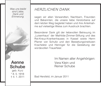 Traueranzeige von Aenne Schube von HERSFELDER ZEITUNG