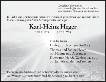 Traueranzeige von Karl-Heinz Heger von HERSFELDER ZEITUNG