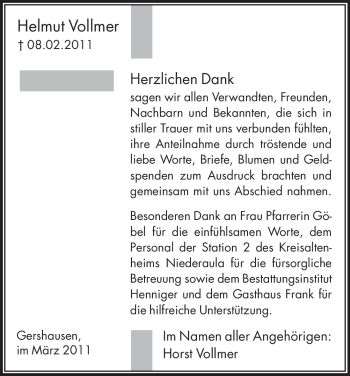 Traueranzeige von Helmut Vollmer von HERSFELDER ZEITUNG