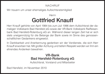 Traueranzeige von Gottfried Knauff von HERSFELDER ZEITUNG
