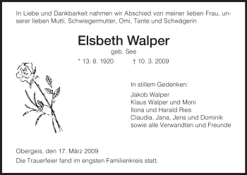 Traueranzeige von Elsbeth Walper von HERSFELDER ZEITUNG