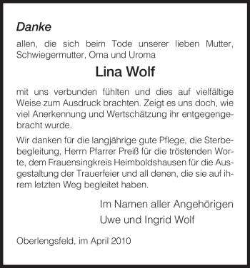 Traueranzeige von Lina Wolf von HERSFELDER ZEITUNG