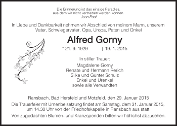 Traueranzeige von Alfred Gorny von Hersfeld