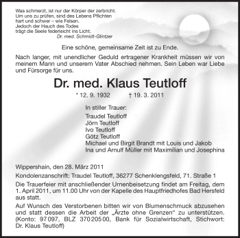 Traueranzeige von Klaus Teutloff von HERSFELDER ZEITUNG