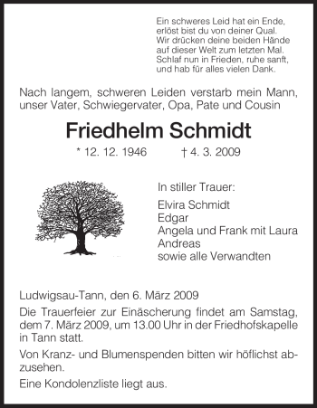 Traueranzeige von Friedhelm Schmidt von HERSFELDER ZEITUNG