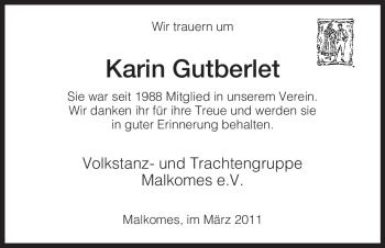 Traueranzeige von Karin Gutberlet von HERSFELDER ZEITUNG