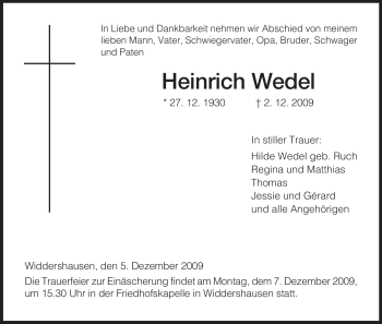 Traueranzeige von Heinrich Wedel von HERSFELDER ZEITUNG