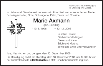 Traueranzeige von Marie Axmann von HERSFELDER ZEITUNG