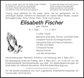 Traueranzeige von Elisabeth Fischer von HERSFELDER ZEITUNG