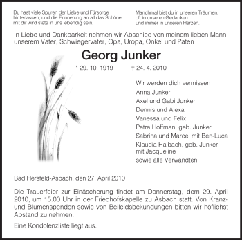 Traueranzeige von Georg Junker von HERSFELDER ZEITUNG