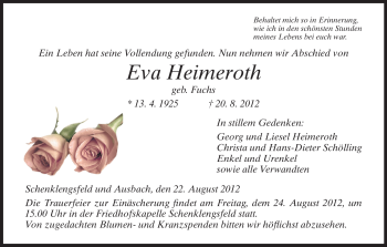 Traueranzeige von Eva Heimeroth von HERSFELDER ZEITUNG