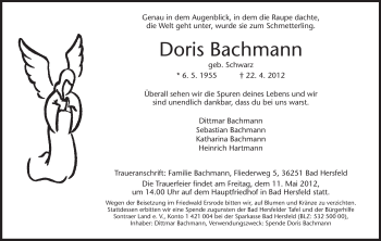 Traueranzeige von Doris Bachmann von HERSFELDER ZEITUNG
