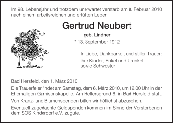 Traueranzeige von Gertrud Neubert von HERSFELDER ZEITUNG
