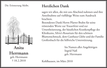 Traueranzeige von Anita Herrmann von HERSFELDER ZEITUNG