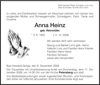 Traueranzeige von Anna Heinz von HERSFELDER ZEITUNG