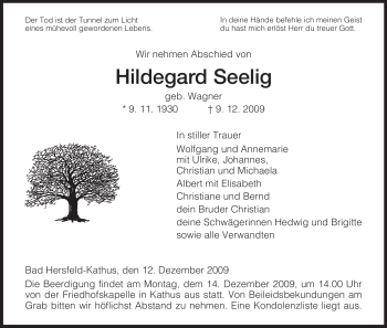 Traueranzeige von Hildegard Seelig von HERSFELDER ZEITUNG