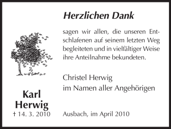 Traueranzeige von Karl Herwig von HERSFELDER ZEITUNG