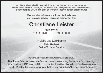 Traueranzeige von Christiane Leister von HERSFELDER ZEITUNG