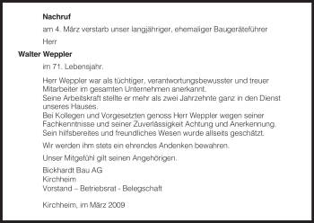 Traueranzeige von Walter Weppler von HERSFELDER ZEITUNG