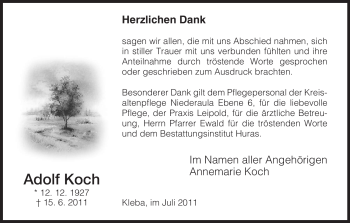 Traueranzeige von Adolf Koch von HERSFELDER ZEITUNG