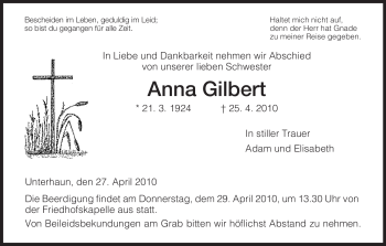 Traueranzeige von Anna Gilbert von HERSFELDER ZEITUNG