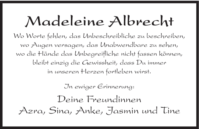 Traueranzeige für Madeleine Albrecht vom 28.11.2008 aus HERSFELDER ZEITUNG