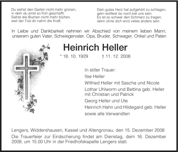 Traueranzeige von Heinrich Heller von HERSFELDER ZEITUNG