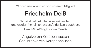 Traueranzeige von Friedhelm Deiß von HERSFELDER ZEITUNG