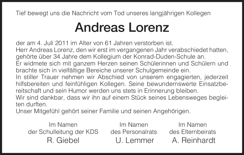  Traueranzeige für Andreas Lorenz vom 09.07.2011 aus HERSFELDER ZEITUNG