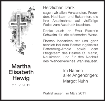 Traueranzeige von Martha Elisabeth Hewig von HERSFELDER ZEITUNG