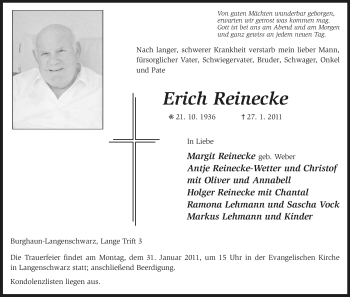 Traueranzeige von Erich Reinecke von HERSFELDER ZEITUNG