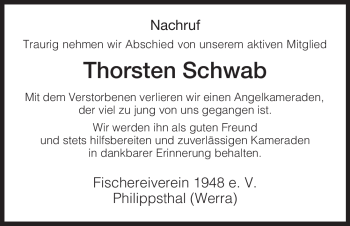 Traueranzeige von Thorsten Schwab von HERSFELDER ZEITUNG