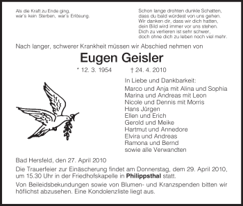 Traueranzeige von Eugen Geisler von HERSFELDER ZEITUNG
