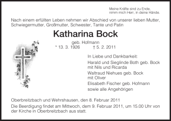 Traueranzeige von Katharina Bock von HERSFELDER ZEITUNG