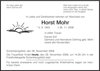 Traueranzeige von Horst Mohr von HERSFELDER ZEITUNG