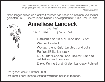 Traueranzeige von Anneliese Landeck von HERSFELDER ZEITUNG