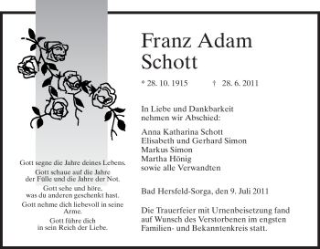 Traueranzeige von Franz Adam Schott von HERSFELDER ZEITUNG