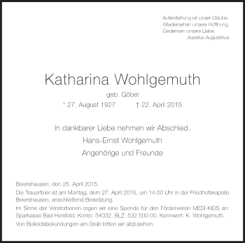 Traueranzeige von Katharina Wohlgemuth von Hersfeld