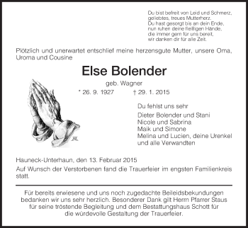 Traueranzeige von Else Bolender von Hersfeld