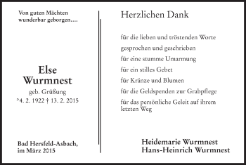 Traueranzeige von Else Wurmnest von Hersfeld