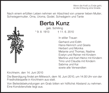 Traueranzeige von Berta Kunz von HERSFELDER ZEITUNG
