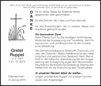 Traueranzeige von Gretel Ruppel von Hersfeld