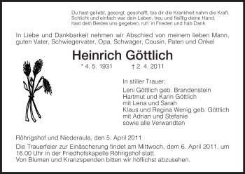 Traueranzeige von Heinrich Göttlich von HERSFELDER ZEITUNG