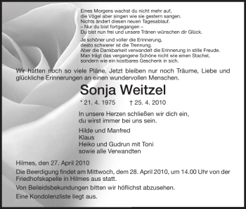 Traueranzeige von Sonja Weitzel von HERSFELDER ZEITUNG